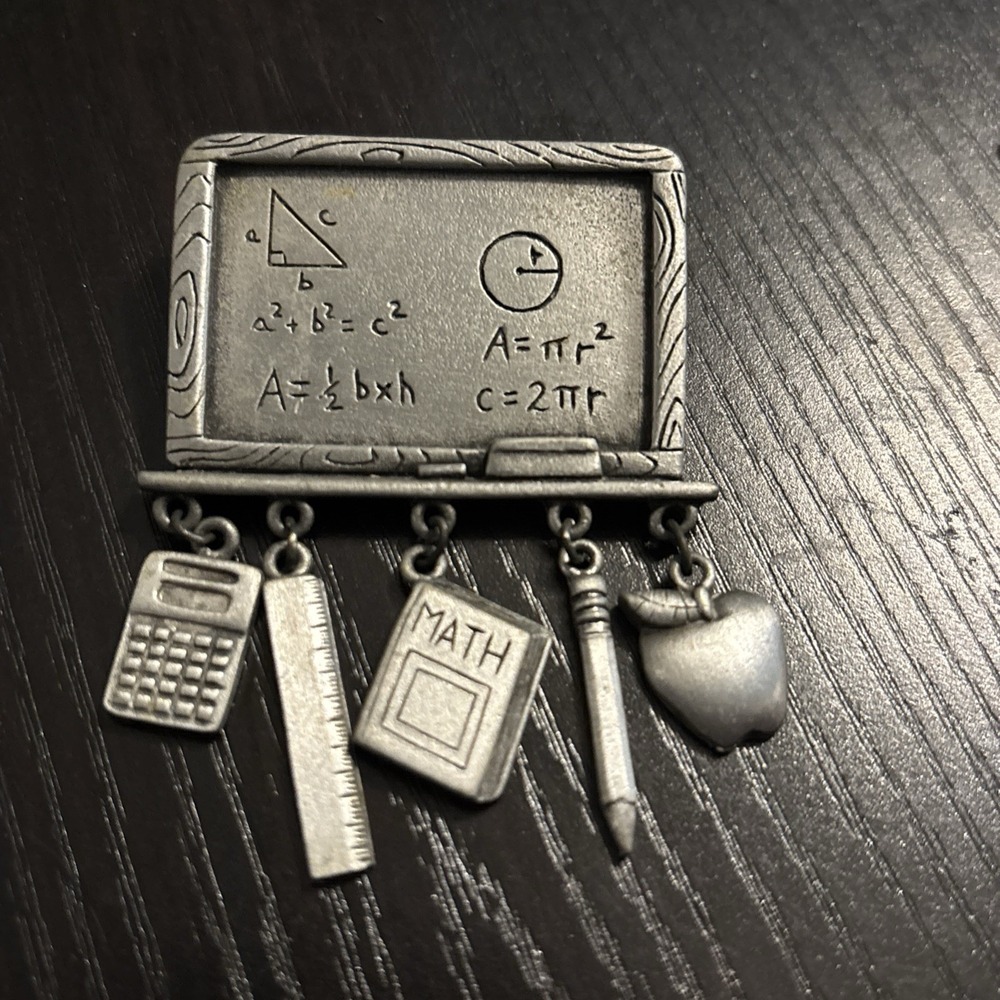 Vintage JJ Jonette‎ Pewter School Chalkboard Teacher Charms Brooch Pin EUC